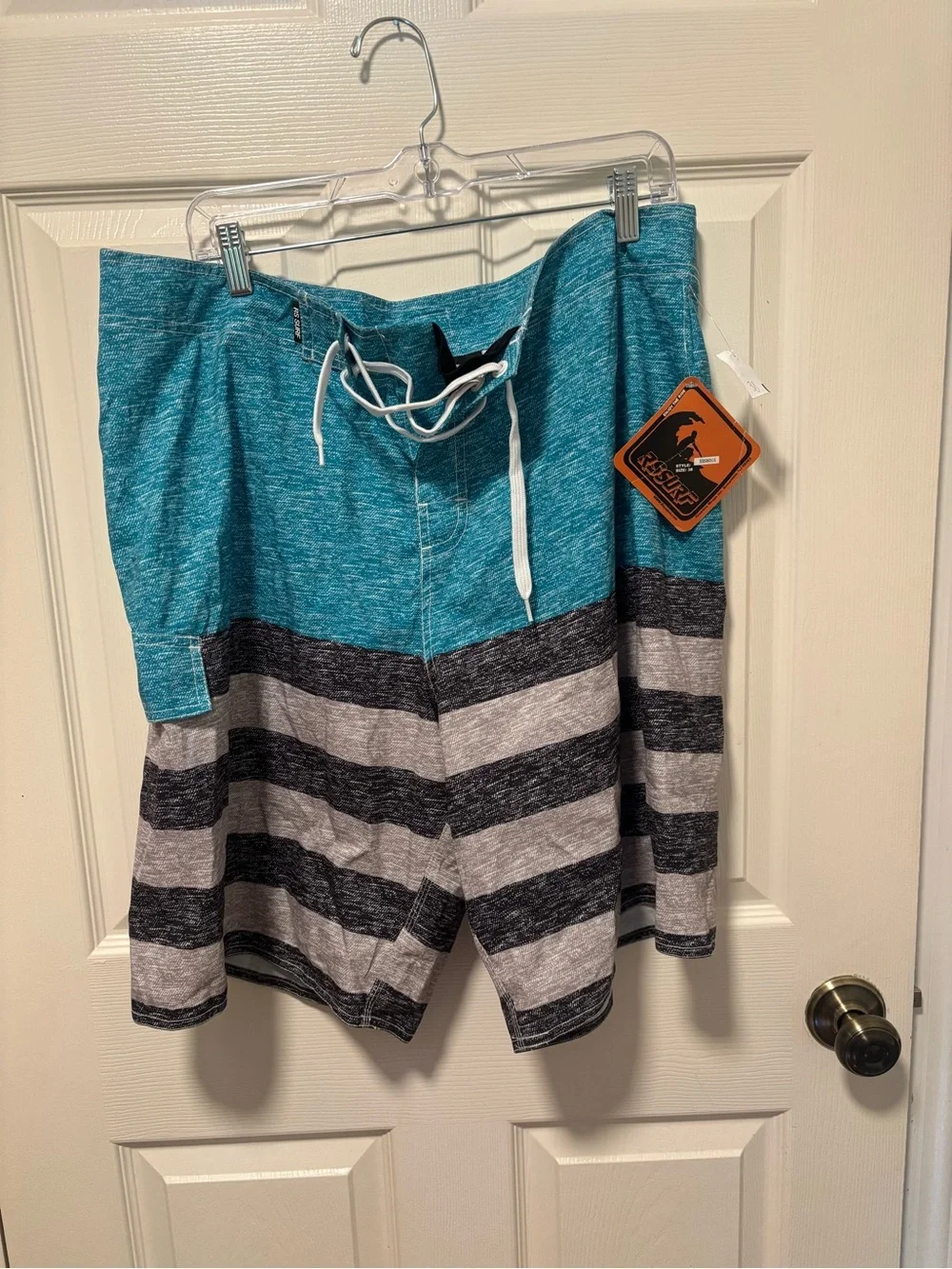 Men's Teal and Gray Striped Swim Trunks Size 38